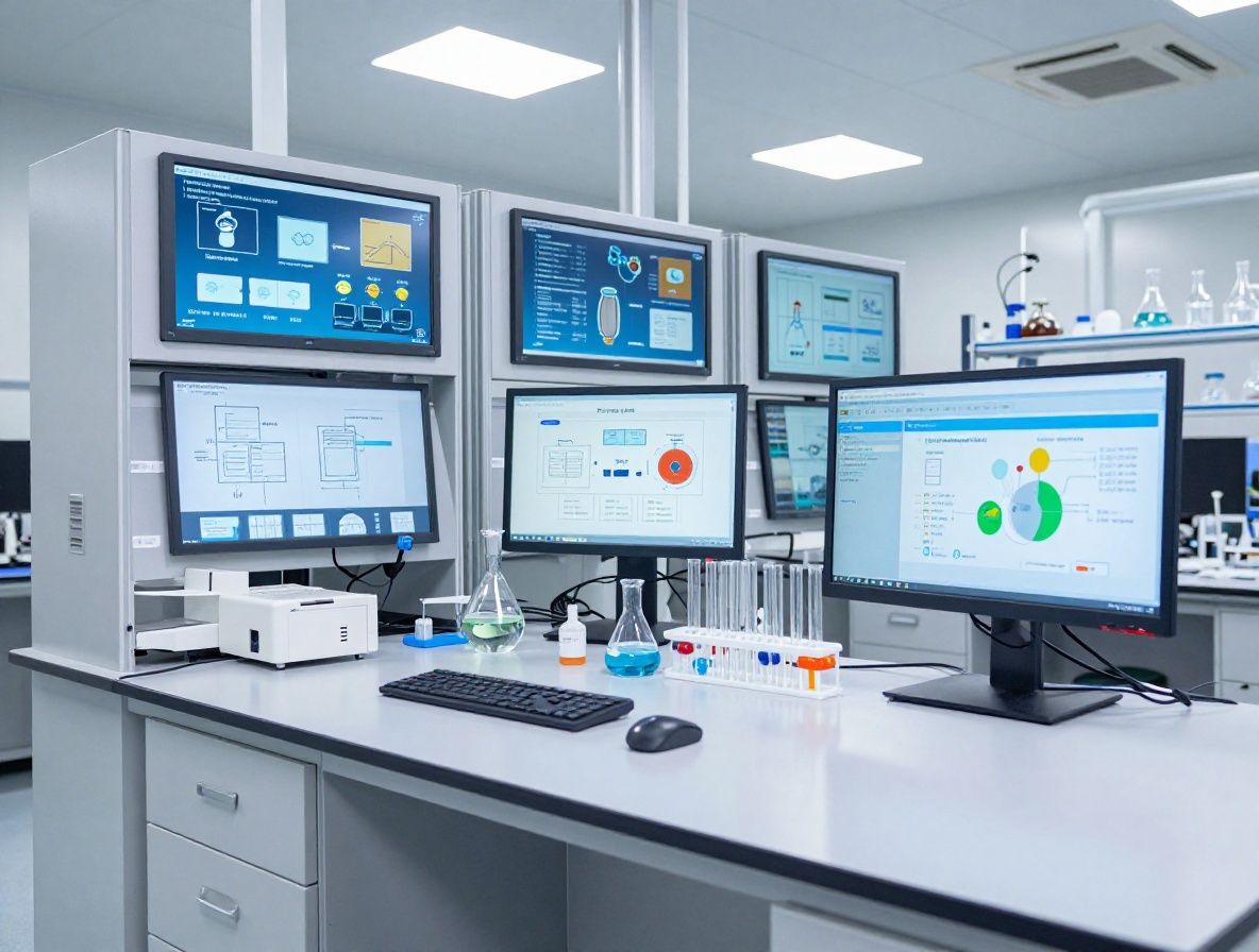 Vista abstracta de un laboratorio de investigación limpio y moderno, con equipos de vidrio y pantallas, simbolizando la búsqueda del conocimiento y la precisión científica en el bienestar.