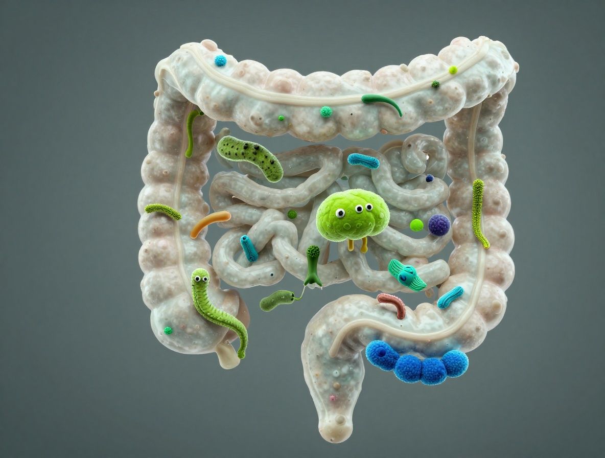 Representación visual abstracta del tracto digestivo como tubo luminoso con microorganismos microscópicos en tonos verdes y azules, simbolizando el microbioma intestinal.