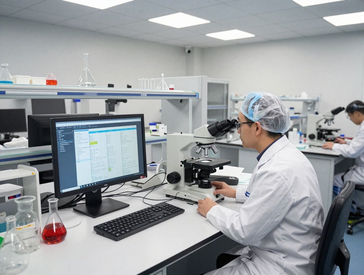 Interior de laboratorio científico moderno con instrumentos de vidrio, microscopio y pantallas con datos, representando la investigación sobre componentes del bienestar.